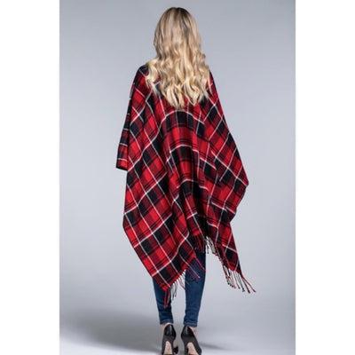 Red Black Plaid Blanket Ruana Knit Fall Winter Fringe Open Poncho Wrap