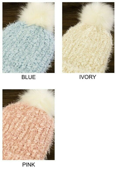 Light Blue Eyelash Knit Beanie Foldover Band Faux Fur Pom Pom Womens Winter Hat