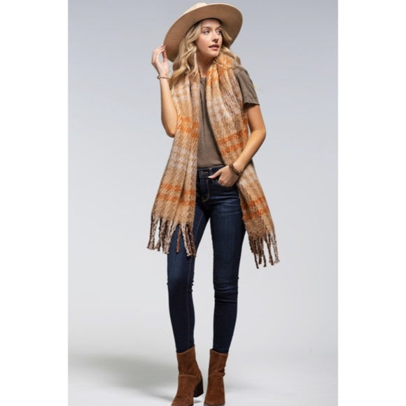 Toffee Plaid Soft Plush Oblong Scarf w/ Tassel Fringe Women's Casual Winter