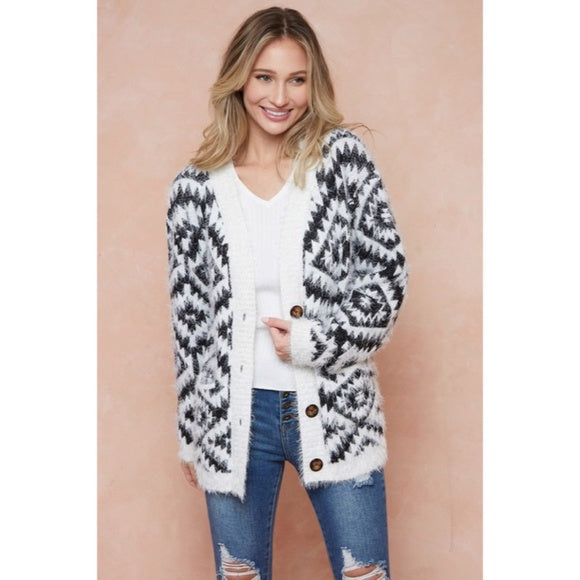 Ivory & Black Fuzzy Soft Eyelash Aztec Tribal Button Up Knit Cardigan Sweater