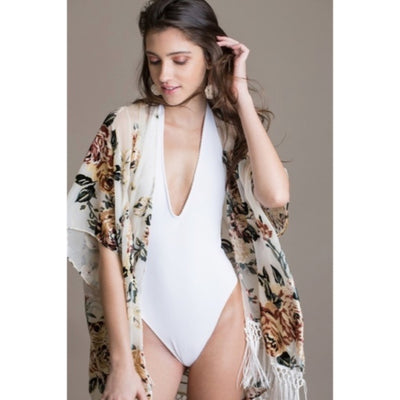 Maya Island Velvet Floral Macrame Tassel Fringe Kimono Cream Coverup Wrap