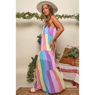 Rainbow Colorful Multi Color Bright Striped Tiered Tie Shoulder Maxi Dress