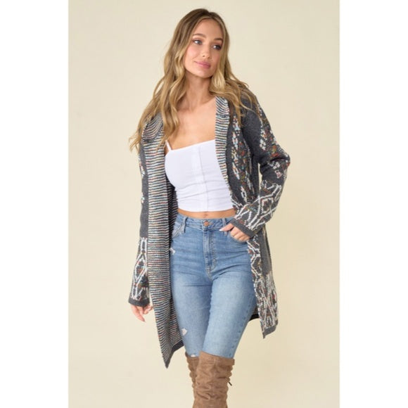 Gray Aztec Rainbow Western Hooded Knit Cardigan Long Sleeve Open Sweater