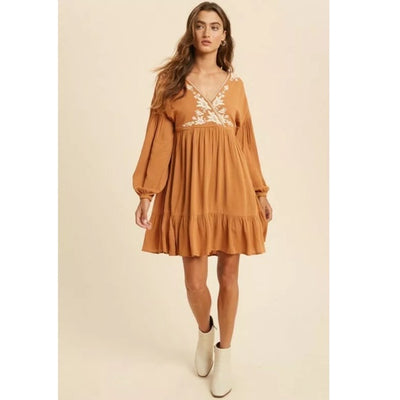 Earthen Boho Surplice Wrap Floral Embroidered Long Sleeve Ruffed Hem Mini Dress