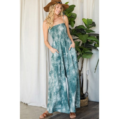 Green Tie Dye Wide Palazzo Flare Leg Smocked Bohemian Casual Jumpsuit w/ Pockets