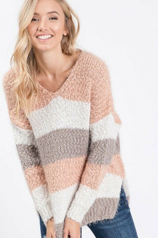 Blush Pink Striped Eyelash Popcorn Long Sleeve Casual Sweater Womens