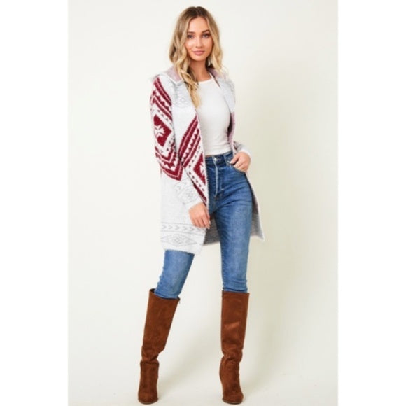 Wine Fuzzy Soft Knit Long Sleeve Aztec Tribal Native Western Cardigan Sweater