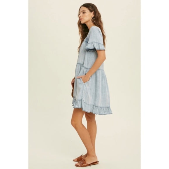 Denim Tencel Square Neck Short Sleeve Ruffle Trim Babydoll Casual Mini Dress