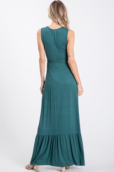 Hunter Green Faux Wrap Sleeveless Belted Casual Maxi Dress Womens