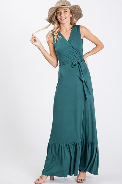 Hunter Green Faux Wrap Sleeveless Belted Casual Maxi Dress Womens