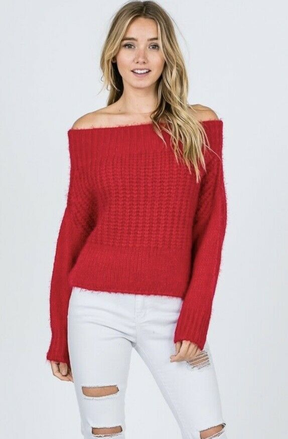 Red Off Shoulder Knit Long Sleeve Sweater Womens Casual