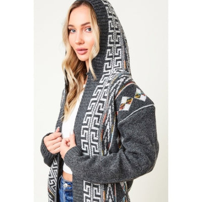 Charcoal Gray Native Cowichan Aztec Western Boho Hooded Cardigan Sweater Womens