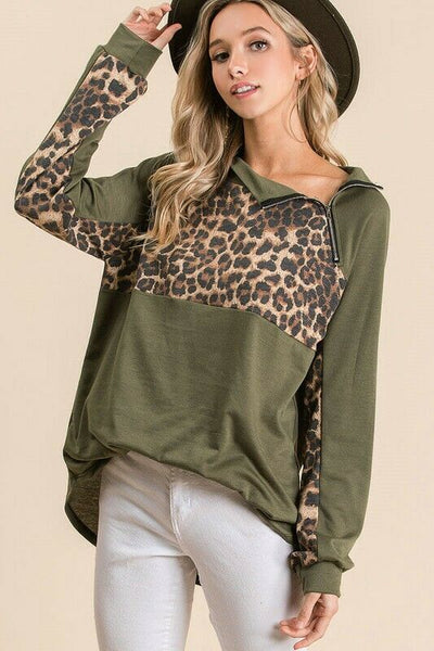 Olive Green Leopard Zipper French Terry Pullover Top Casual Womens