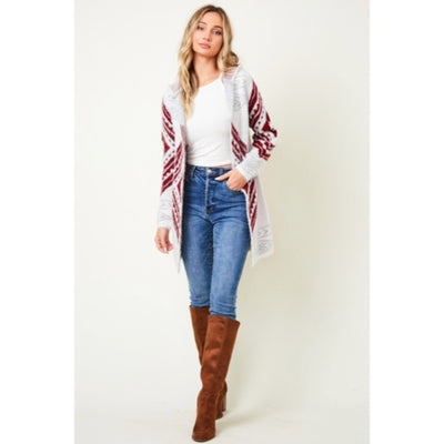 Wine Fuzzy Soft Knit Long Sleeve Aztec Tribal Native Western Cardigan Sweater