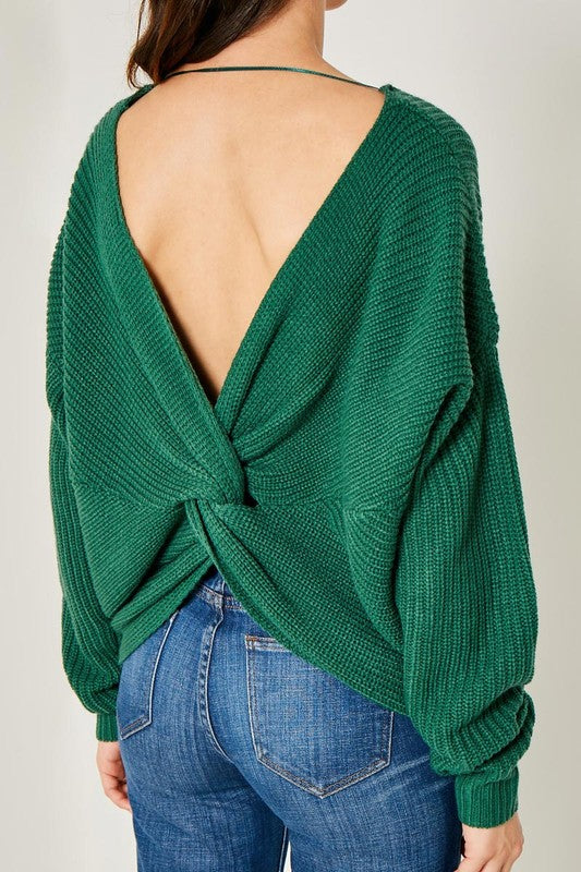 Hunter Green Twist Cross Back Sweater Oversize V Neck Winter Casual