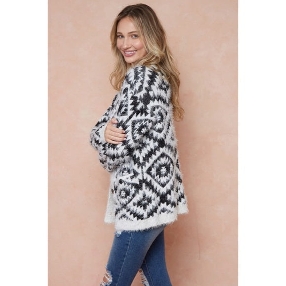 Ivory & Black Fuzzy Soft Eyelash Aztec Tribal Button Up Knit Cardigan Sweater