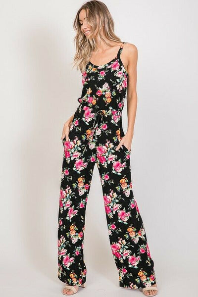 Soft Cami Style Bright Floral Jumpsuit Drawstring Pocket Womens Casual S M L