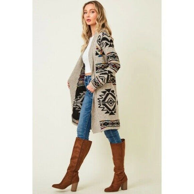 Taupe Rainbow Multi Colored Aztec Tribal Jacquard Open Knit Cardigan Sweater