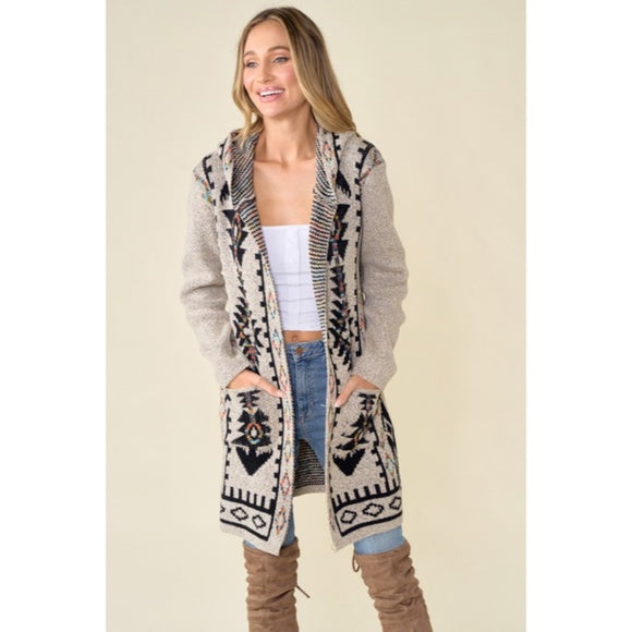 Oatmeal Aztec Rainbow Western Hooded Knit Cardigan Long Sleeve Open Sweater