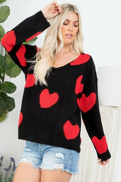 Black Red Multi Heart Knit V-Neck Valentines Day Long Sleeve Relaxed Sweater