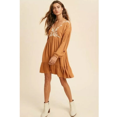 Earthen Boho Surplice Wrap Floral Embroidered Long Sleeve Ruffed Hem Mini Dress