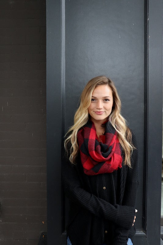 Red Checkered Buffalo Plaid Frayed Hem Knit Infinity Scarf