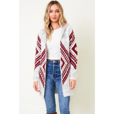 Wine Fuzzy Soft Knit Long Sleeve Aztec Tribal Native Western Cardigan Sweater