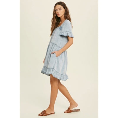 Denim Tencel Square Neck Short Sleeve Ruffle Trim Babydoll Casual Mini Dress