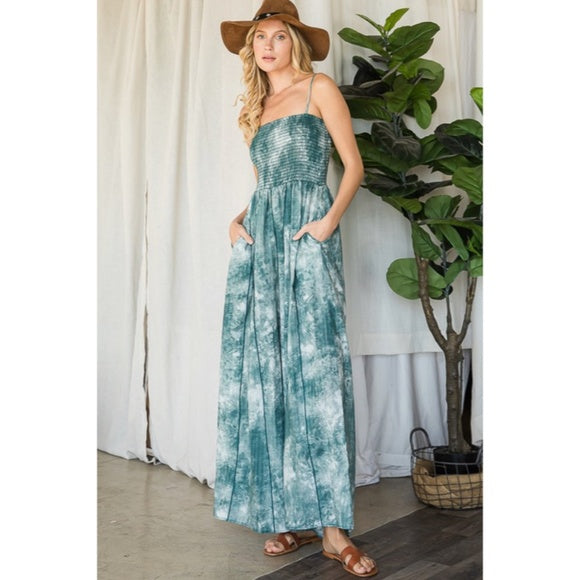 Green Tie Dye Wide Palazzo Flare Leg Smocked Bohemian Casual Jumpsuit w/ Pockets