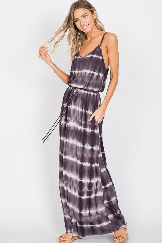 Charcoal Tie Dye Cami Casual Maxi Dress Full Length Long Womens