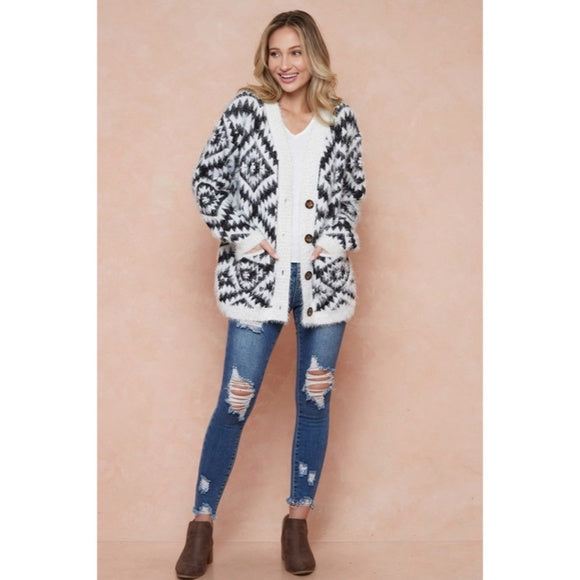 Ivory & Black Fuzzy Soft Eyelash Aztec Tribal Button Up Knit Cardigan Sweater