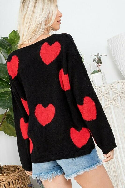 Black Red Multi Heart Knit V-Neck Valentines Day Long Sleeve Relaxed Sweater