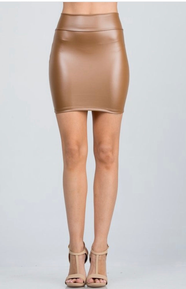 Caramel Faux Vegan Leather High Waist Mini Skirt Sexy Womens