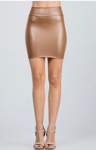 Caramel Faux Vegan Leather High Waist Mini Skirt Sexy Womens