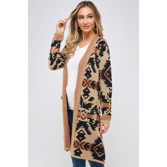 Mocha Aztec Western Boho Belted Cardigan Sweater Coatigan Knit Casual Womens