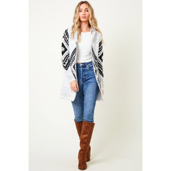 Fuzzy Soft Knit Hooded Long Sleeve Aztec Tribal Native Western Cardigan Sweater