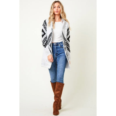 Fuzzy Soft Knit Hooded Long Sleeve Aztec Tribal Native Western Cardigan Sweater