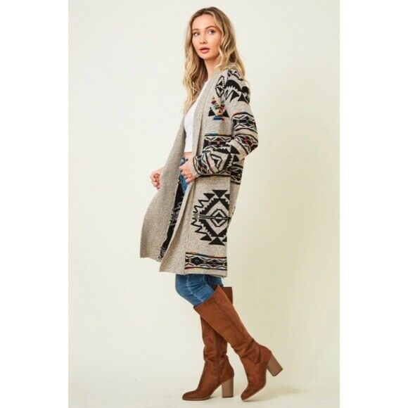 Taupe Rainbow Multi Colored Aztec Tribal Jacquard Open Knit Cardigan Sweater