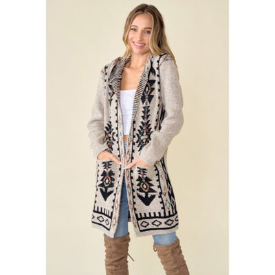 Oatmeal Aztec Rainbow Western Hooded Knit Cardigan Long Sleeve Open Sweater