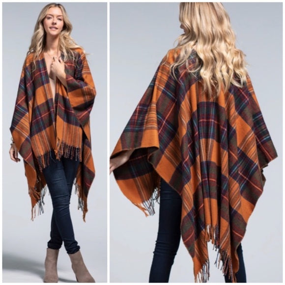 Amber Glow Plaid Fringe Accent Knit Fall Winter Ruana Wrap Open Poncho