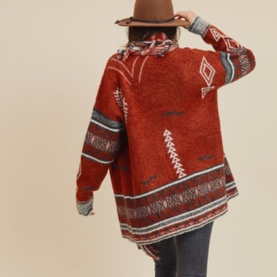 Cowichan Boho Aztec Native Fringe Print Soft Knit Cardigan Sweater Womens