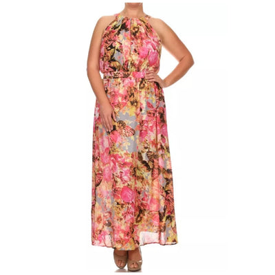 Plus Maxi Dress Chiffon Butterfly Floral Sleeveless Mock Neck Womens