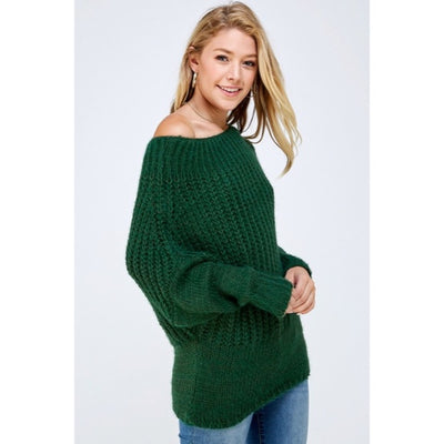 Hunter Green Soft Fuzzy Off The Shoulder Pullover Knit Holiday Casual Sweater