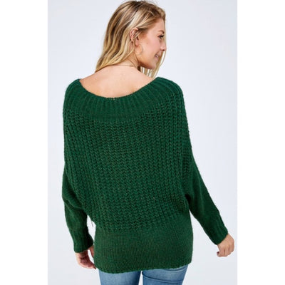 Hunter Green Soft Fuzzy Off The Shoulder Pullover Knit Holiday Casual Sweater